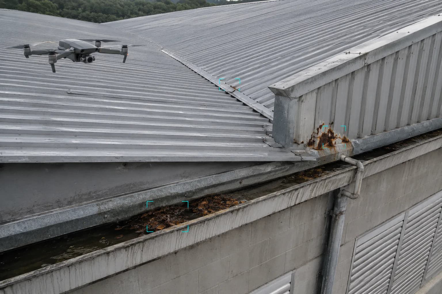 Drone registrando pontos de manutenção em uma cobertura industrial